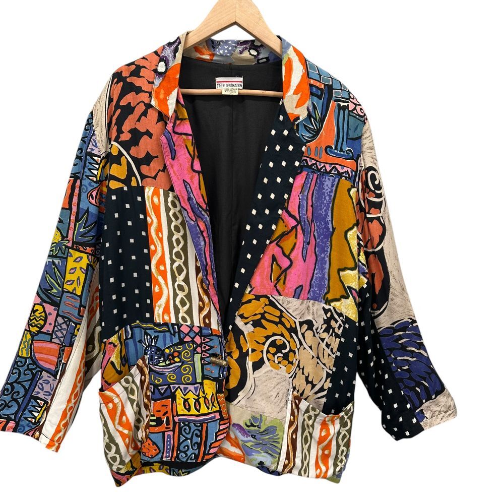 Other Destination Vintage 80's Patchwork‎ Art Rayon Lagenlook  Blazer Size Small